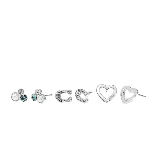 COACH SIGNATURE STONE CLUSTER HEART 3 PAIRS EARRINGS SET SILVER & BLUE COACH BOX - Picture 2 of 2